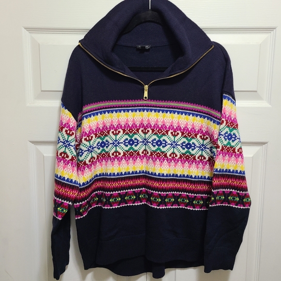 Talbots Half-Zip Mockneck Sweater - Stripe Fair Isle size Large petite - Picture 5 of 13